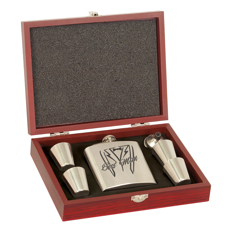 Laserable 6 Ounce Flask Gift Set with Wood Presentation Box Stainless Steel