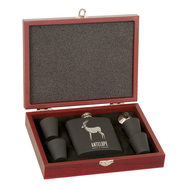 Laserable 6 Ounce Flask Gift Set with Wood Presentation Box Matte Black