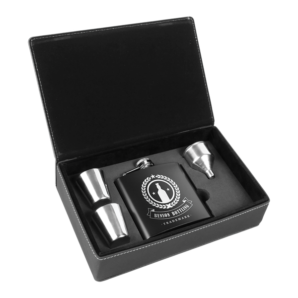 Laserable Leatherette Flask Gift Box Set Matte Black